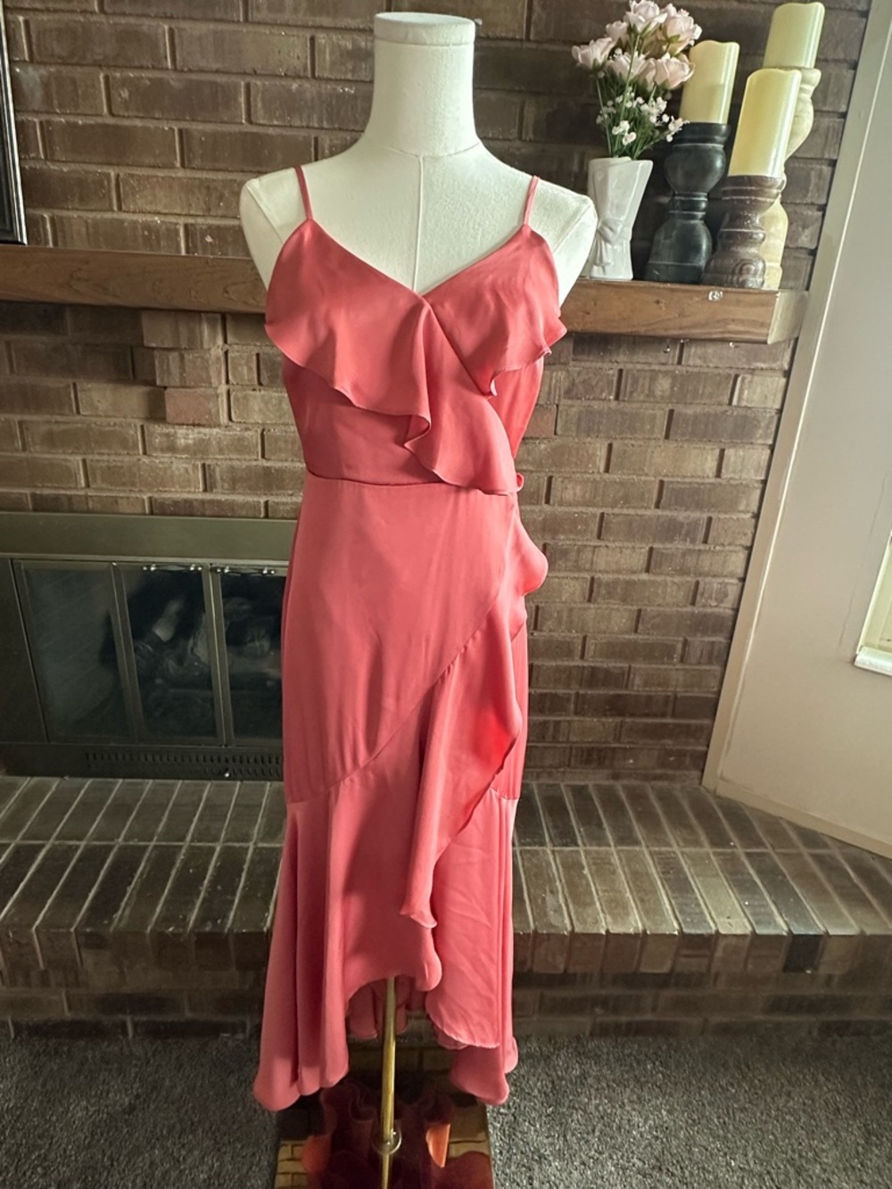 NWT Express Ruffle Faux Wrap Midi Dress Coral Pink XS Romantic Cottagecore